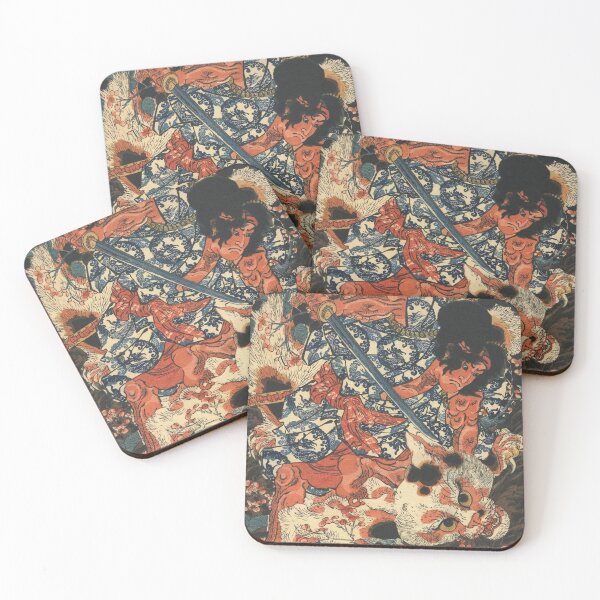Item preview, Samurai Fighting Cat Demon - Vintage Japanese Ukiyo-e Woodblock designed and sold by VintageSpaceArt.