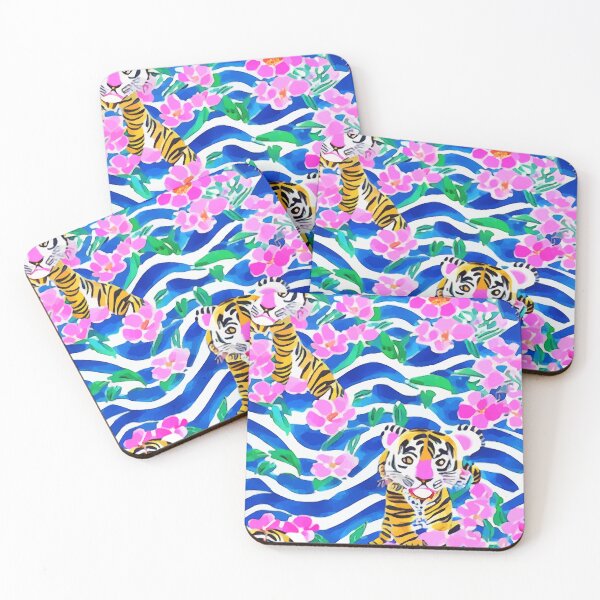 Item preview, Tiger and pink daisies preppy seamless pattern designed and sold by SophieClimaArt.