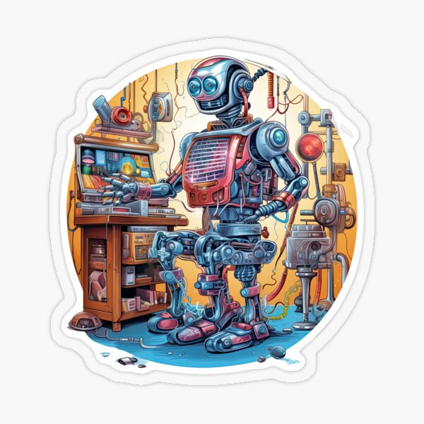 Robot sitting in the workshop Sticker for Sale by abmkf