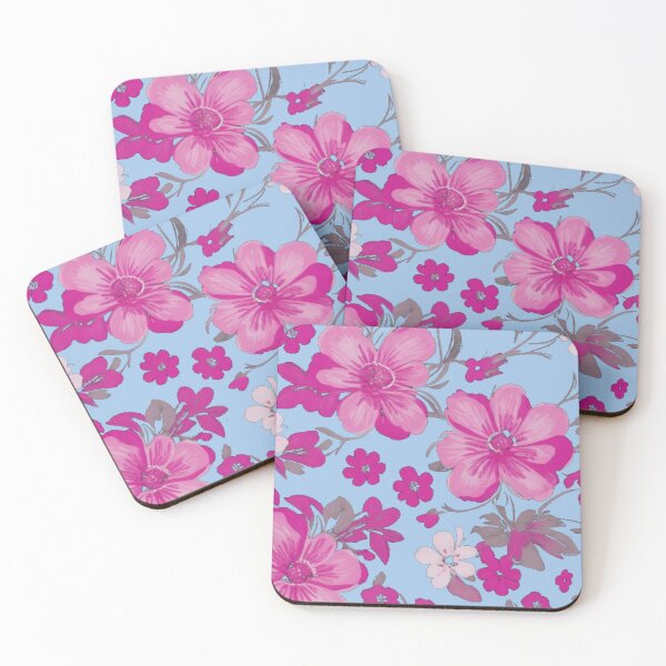 Item preview, Beautiful pink magenta floral background on baby blue designed and sold by Gigglyvibes.