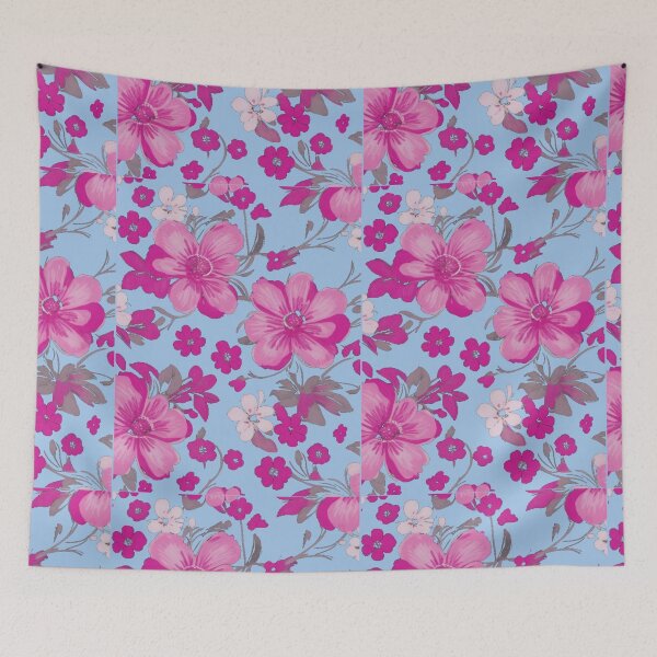 Item preview, Beautiful pink magenta floral background on baby blue designed and sold by Gigglyvibes.