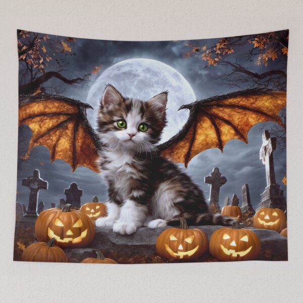 Item preview, A Calico Dragon Kitten Sitting in a Graveyard on Halloween designed and sold by Lava Tigers Art.