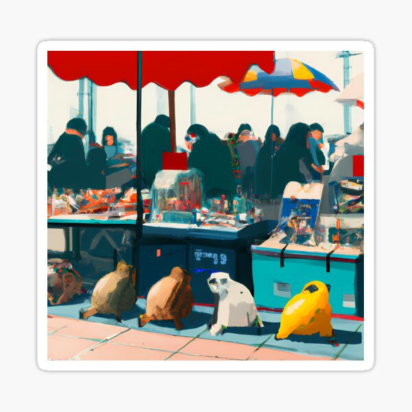 Vista previa del artículo con la obra «Gatos en fila en el mercado de pulgas», diseñado y vendido por Stunning Art Shop.
