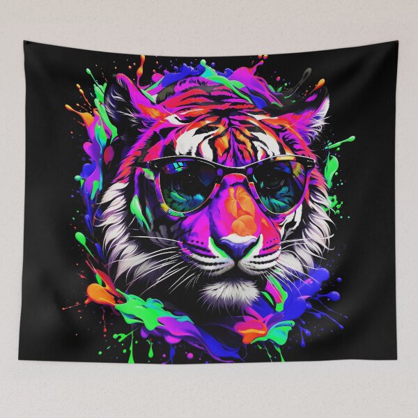 Aperçu de l'œuvre Tigre avec des lunettes de soleil éclaboussures de peinture colorée créée et vendue par MindWave THC.
