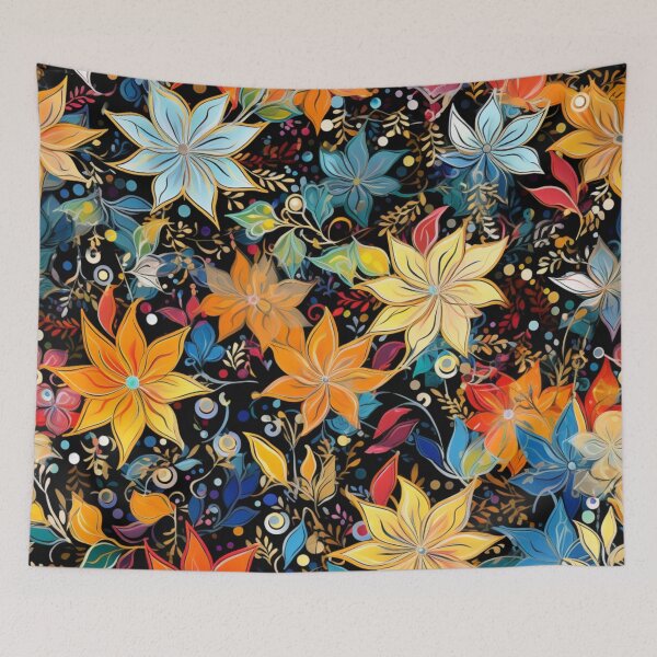 Item preview, Colorful fantasy pattern red yellow green blue orange black ornament flowers designed and sold by G-M-Designs.