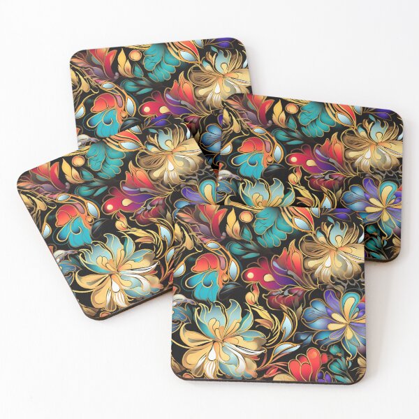 Item preview, Colorful fantasy pattern red yellow green blue purple orange black ornament flowers designed and sold by G-M-Designs.