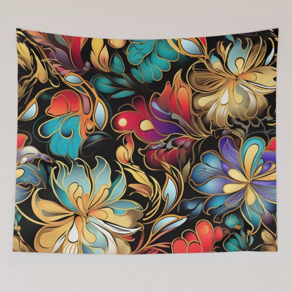 Item preview, Colorful fantasy pattern red yellow green blue purple orange black ornament flowers designed and sold by G-M-Designs.