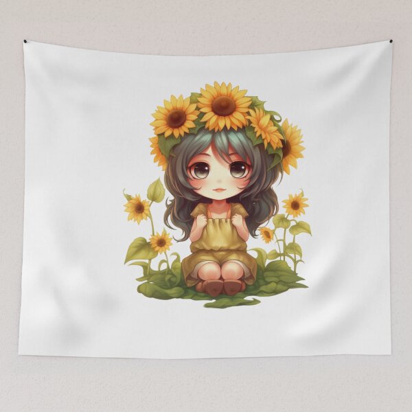 Item preview, Girl wearing sunflower headband shot  ponytails, sunflower background  designed and sold by mermaidselina.