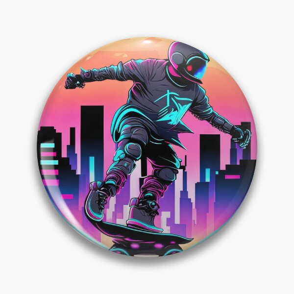 Item preview, Skateboarder With Helmet In Retro 80s Synthwave Background designed and sold by Puristock.