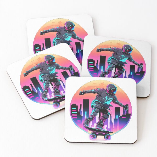 Item preview, Skateboarder With Helmet In Retro 80s Synthwave Background designed and sold by Puristock.