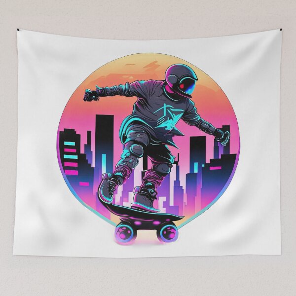Item preview, Skateboarder With Helmet In Retro 80s Synthwave Background designed and sold by Puristock.