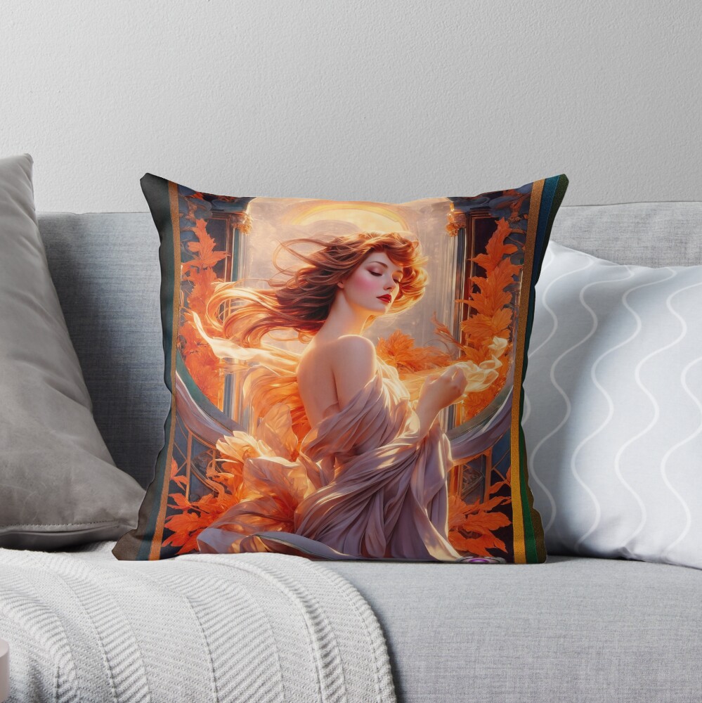 The Beauty Of Dawn Art Nouveau Allegorical Mystical AI Concept Art Portrait by Xzendor7 Decorative Throw Pillow