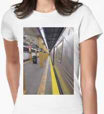 Rapid transit, Metro, Subway, New York, Manhattan, Brooklyn, New York City, architecture, street, building, tree, car,   Women's Fitted T-Shirt