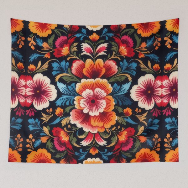 Item preview, Symmetrical flowers with dark background traditional Mexican style designed and sold by Omarupattern51.
