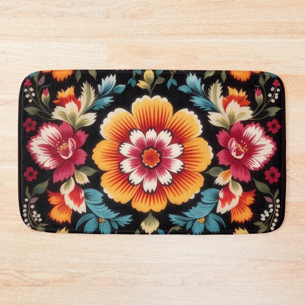 Item preview, symmetrical flowers with black background traditional mexican style designed and sold by Omarupattern51.