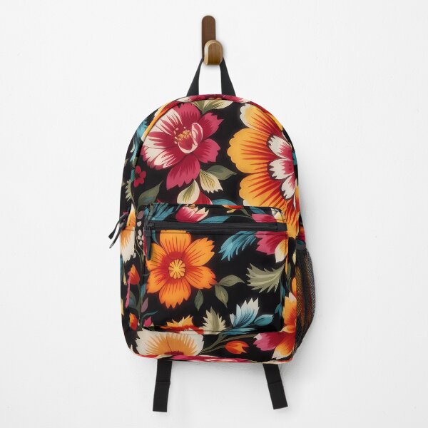 Item preview, symmetrical flowers with black background traditional mexican style designed and sold by Omarupattern51.