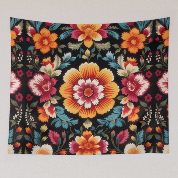 Item preview, symmetrical flowers with black background traditional mexican style designed and sold by Omarupattern51.