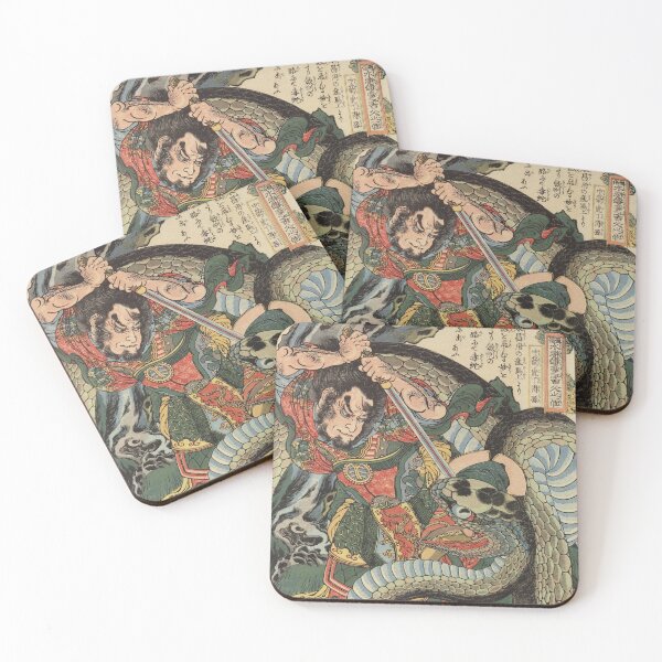 Item preview, Samurai Warrior Fighting Python - Vintage Japanese Ukiyo-e Woodblock designed and sold by VintageSpaceArt.