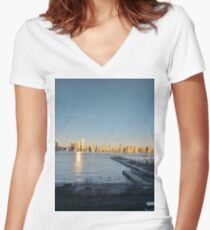 Cityscape, Jersey City, New York, Manhattan, Brooklyn, New York City, architecture, street, building, tree, car,   Women's Fitted V-Neck T-Shirt