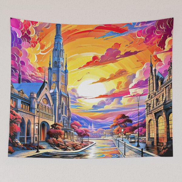 Item preview, Little village, rainbow river and vivid multicolor sunset designed and sold by iguananick.