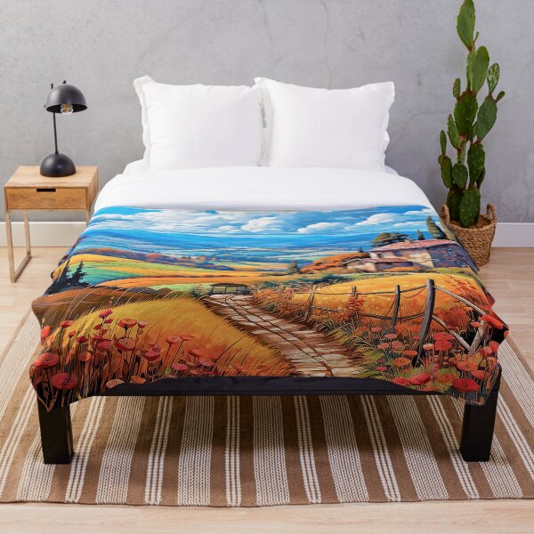 Item preview, Flower fields, red poppies, golden wheat, little house landscape designed and sold by iguananick.