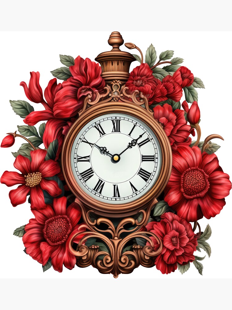 Magnet for Sale mit Rote Aquarellblumen und antike Uhr von Vintra