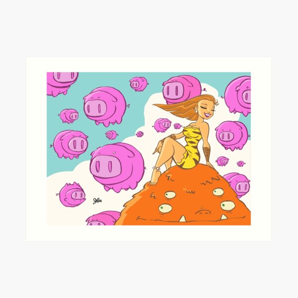Pretty lady sitting on a monster surrounded by flying pigs... Art Print