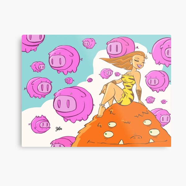 Pretty lady sitting on a monster surrounded by flying pigs... Metal Print