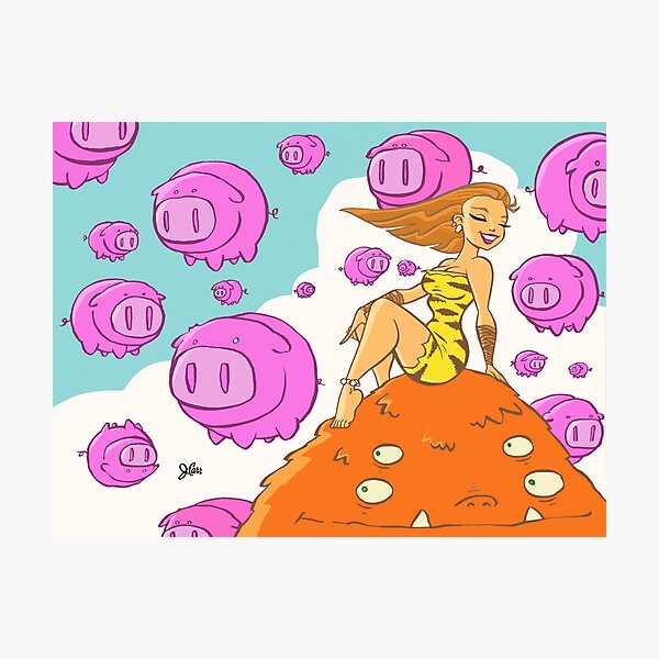 Pretty lady sitting on a monster surrounded by flying pigs... Photographic Print