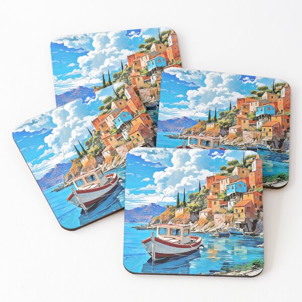 Item preview, Assos (Asos) Village, Greece. Boat in Mediterranean sea. designed and sold by iguananick.