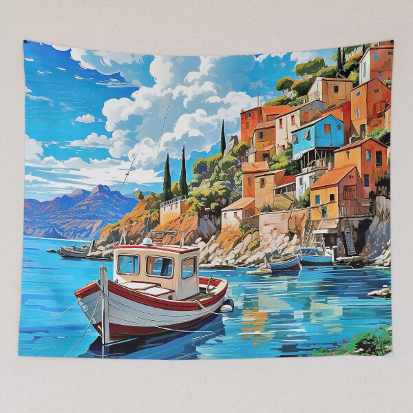 Item preview, Assos (Asos) Village, Greece. Boat in Mediterranean sea. designed and sold by iguananick.