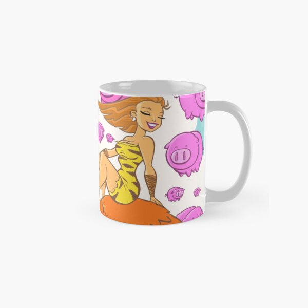 Pretty lady sitting on a monster surrounded by flying pigs... Classic Mug
