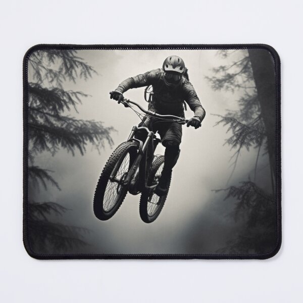 Item preview, Monochrome Flight: MTB Rider Soaring Through Forest designed and sold by Terra Track Art.