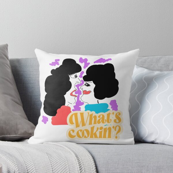 Item preview, Sticker what's cookin' two women looking at each other, one talking, one smiling, big hair and big lips, black, pink, yellow, purple and blue designed and sold by DLGstudio.