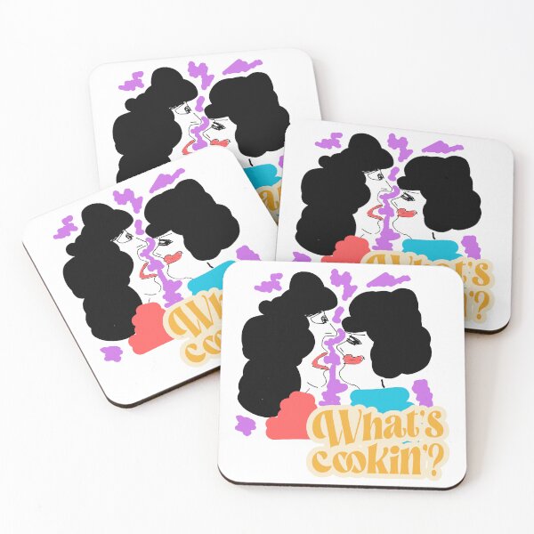 Item preview, Sticker what's cookin' two women looking at each other, one talking, one smiling, big hair and big lips, black, pink, yellow, purple and blue designed and sold by DLGstudio.