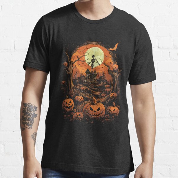 Halloween Spooky T-Shirt Haunted Jack-o'-Lantern House Orange Cotton Nice  Mens L