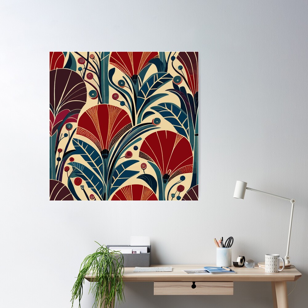 Vintage Art Deco Red Green Teal Cute Abstract Flowers Floral Pattern   Poster for Sale by Vicky Brago-Mitchell®