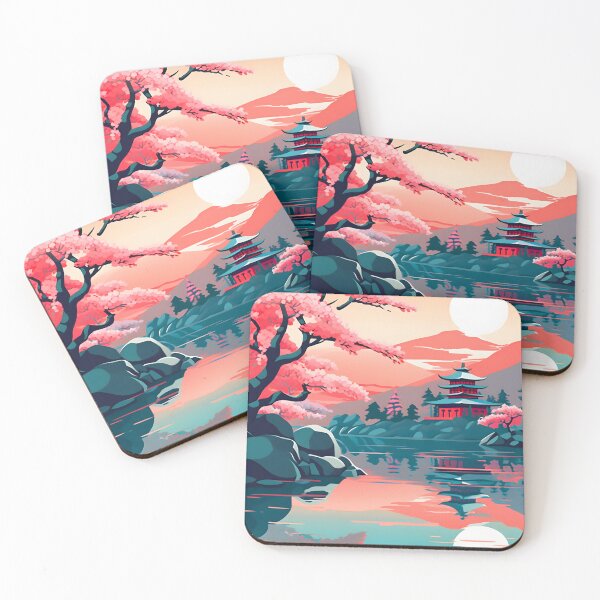 Item preview, Japanese Scene with Trees by the Water - Pink and Cyan designed and sold by Jackflash2023.