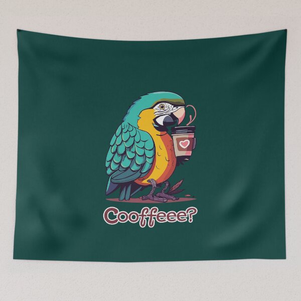 Item preview, Cute macaw inviting you to drink Coffee with word "Coofffeee?" designed and sold by CooffeeeOrTeaaa.