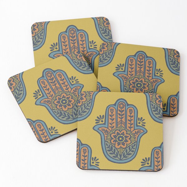 Aperçu de l'œuvre Hamsa Flora Linocut Pattern - Saffron, Rust, Sky, Sage, Dusk créée et vendue par Irene Estelle.