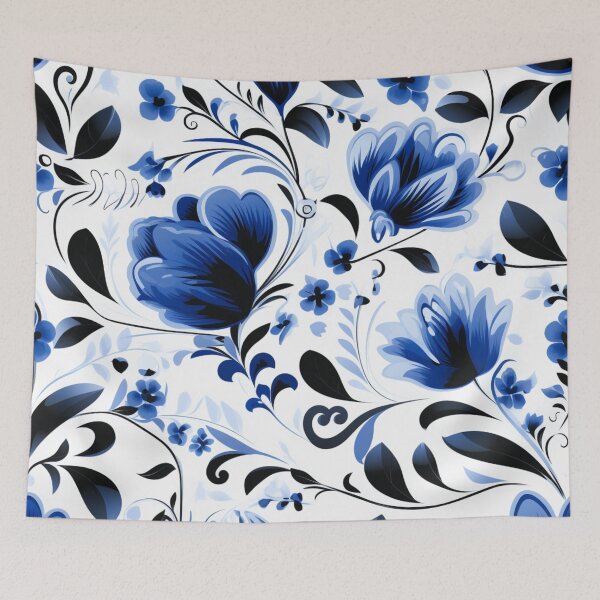 Aperçu de l'œuvre Modèle fantaisie coloré bleu blanc noir ornements fleurs vrilles créée et vendue par G-M-Designs.
