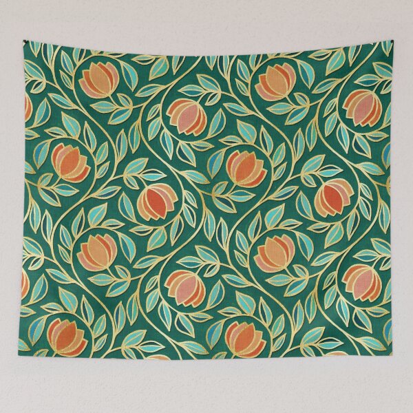 Item preview, Oversized Gilded Floral Tapestry in Coral and Emerald Green designed and sold by micklyn.