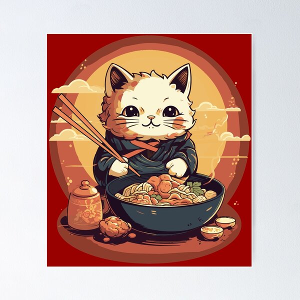 Japanese Anime Cat Eating Ramen Poster for Sale by AntiqueImages