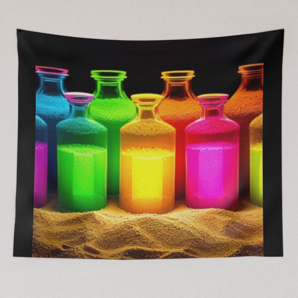 Item preview, Colorful bottles in the sand on a black background. Beautiful and elegant designed and sold by BRINDELEGARD.