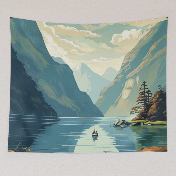 Item preview, A Vintage Travel Illustration of Fiordland National Park - New Zealand designed and sold by GoodOldVintage.