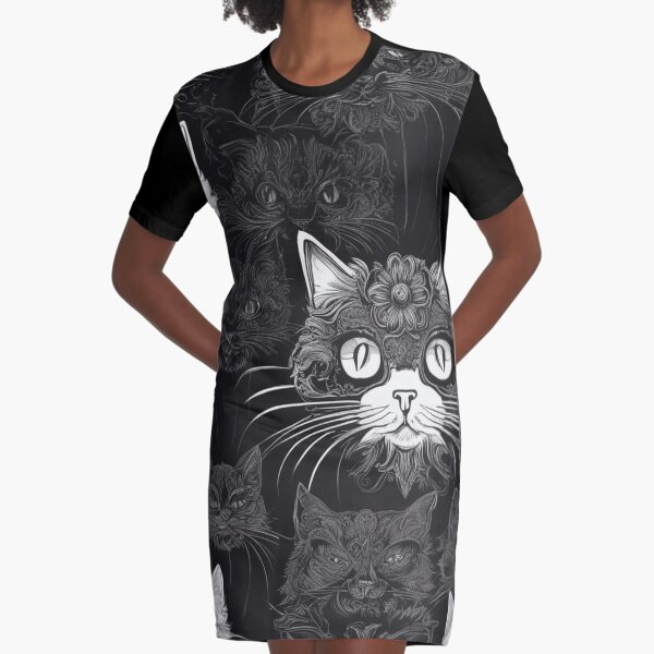 Black Cat Pattern Graphic T-Shirt Dress