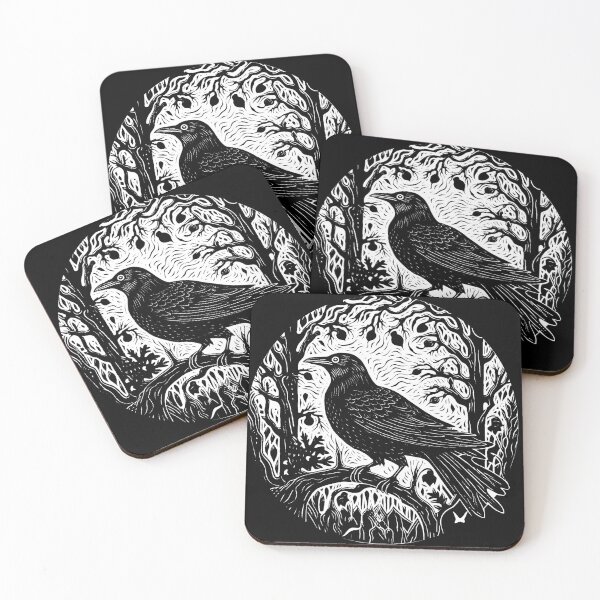 Aperçu de l'œuvre Corbeau dans la forêt de Blackbird Linocut Crow créée et vendue par SubtleSplit.