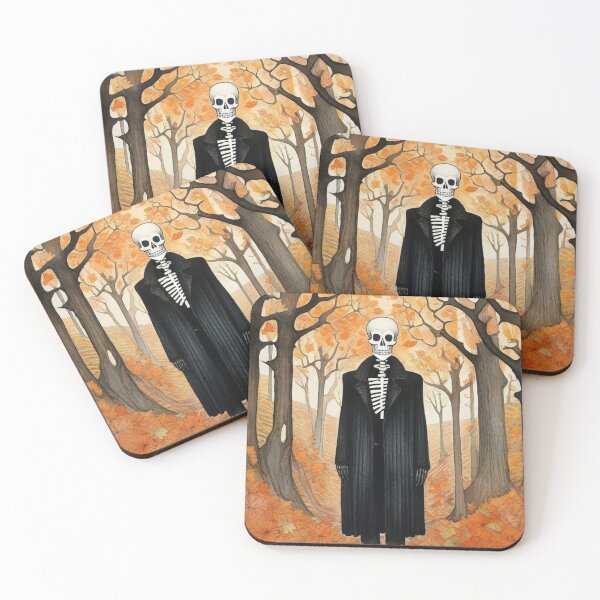 Item preview, Mr. Skeleton in a long black coat on an autumn walk in the forest. designed and sold by SaraSumi.