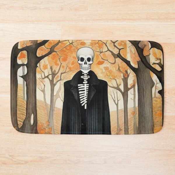 Item preview, Mr. Skeleton in a long black coat on an autumn walk in the forest. designed and sold by SaraSumi.
