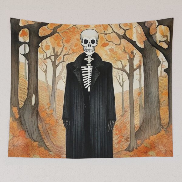 Item preview, Mr. Skeleton in a long black coat on an autumn walk in the forest. designed and sold by SaraSumi.